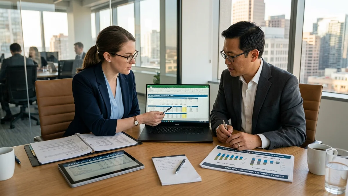 Financial researchers reviewing corporate earnings reports and stock valuation spreadsheet at conference table