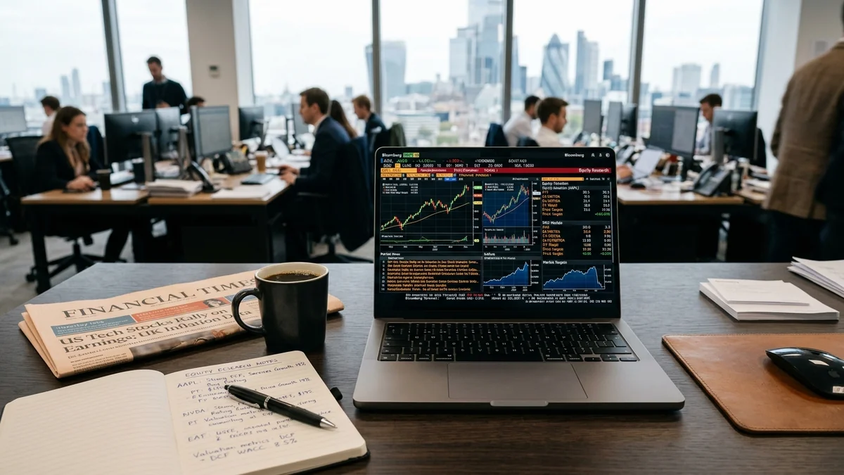 5starsstocks com equity research workstation with laptop displaying financial stock market charts and investor notes