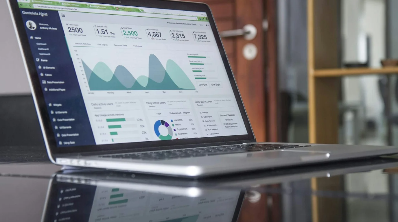 Modern business software analytics dashboard on laptop displaying real-time metrics, user engagement, and systems performance