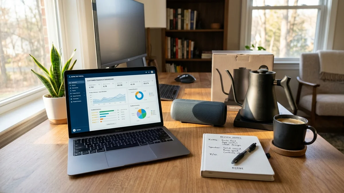 Amazon Vine login portal and reviewer customer feedback dashboard on laptop with testing notes