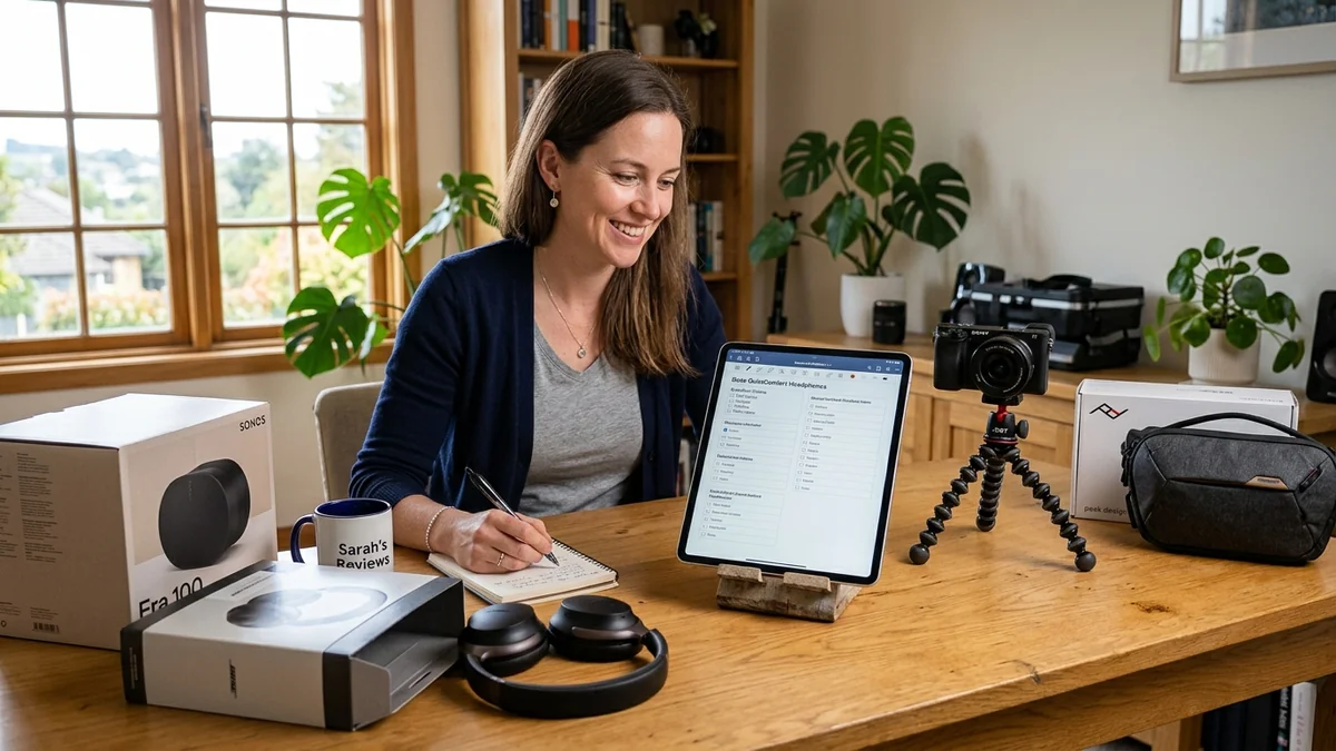 Vine Voices reviewer testing consumer electronics and completing product evaluation checklist