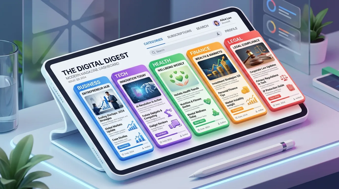 Multi-Category Digital Magazine Dashboard Interface for Clickfor Net Article