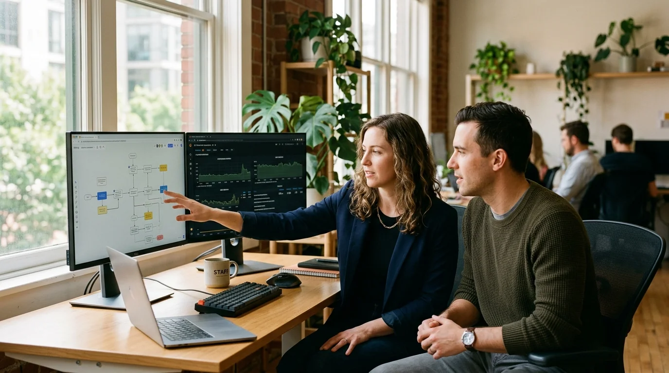 Business operations team reviewing digital tools and workflow automation diagrams on dual monitor setup