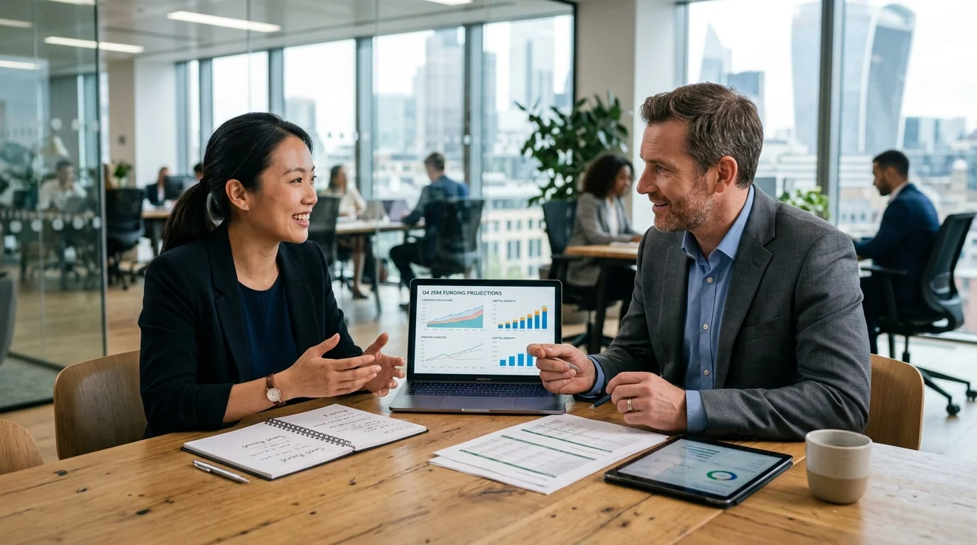 Coyyn com Business funding and capital planning consultation with startup founder analyzing financial projection documents
