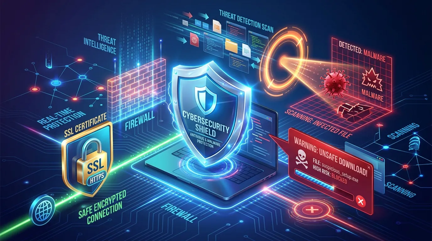 Cybersecurity Threats, Antivirus Alerts & Malware Risks Visual for Crackstube Article