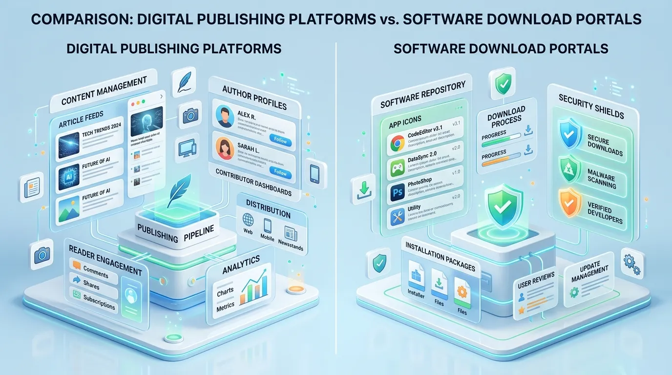 Digital Media Publishing Platform vs Download Portals Diagram for Crackstube Article