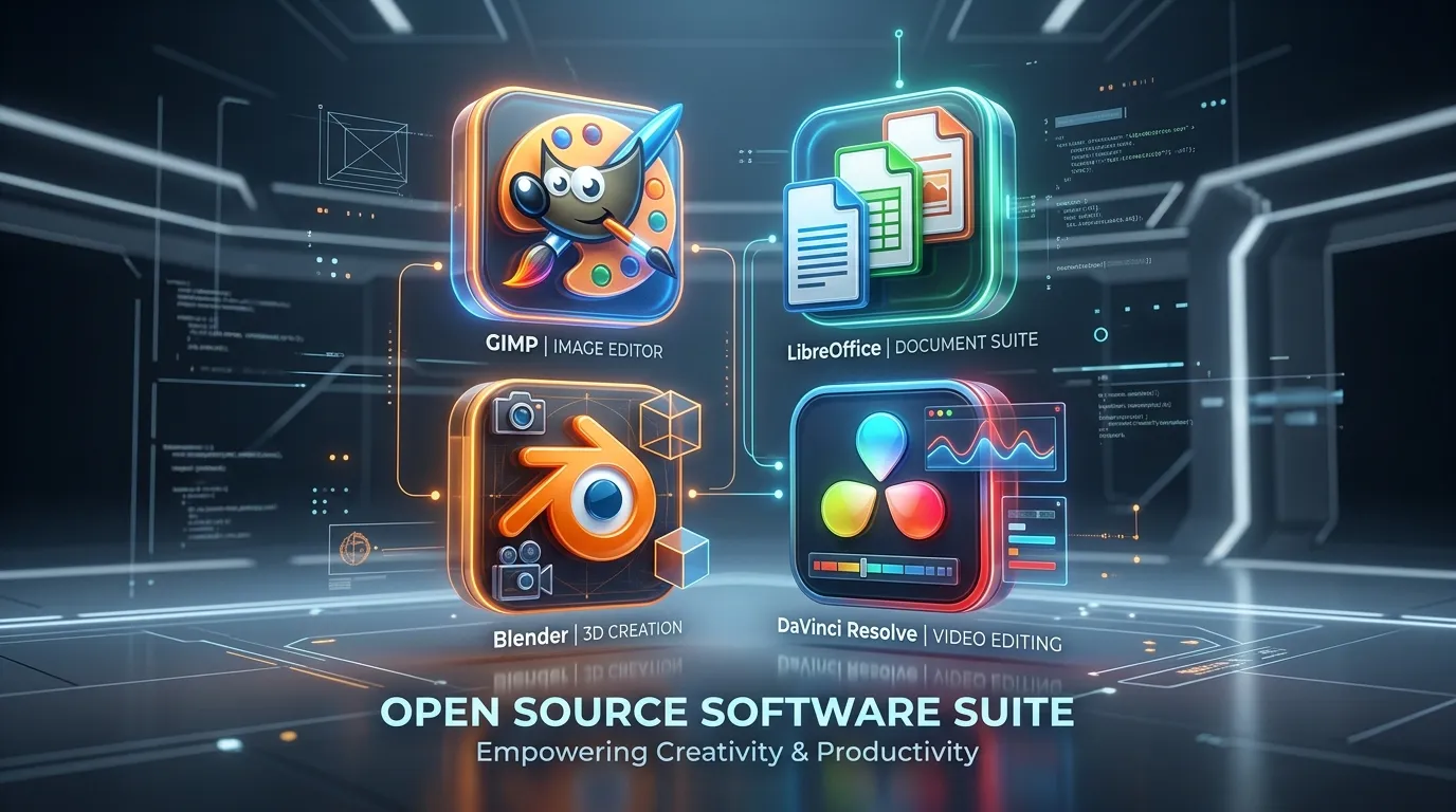 Legal Open Source Software Suite Icons (GIMP, LibreOffice, Blender, DaVinci Resolve)