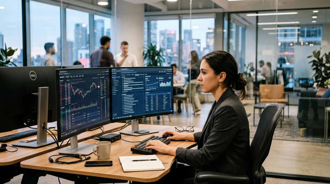 Digital finance professional evaluating cryptocurrency exchange security protocols and wallet verification data on dual monitors