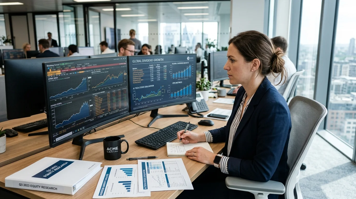 Trader analyzing stock market candlestick charts, technical indicators, and market momentum on multi-monitor workstation