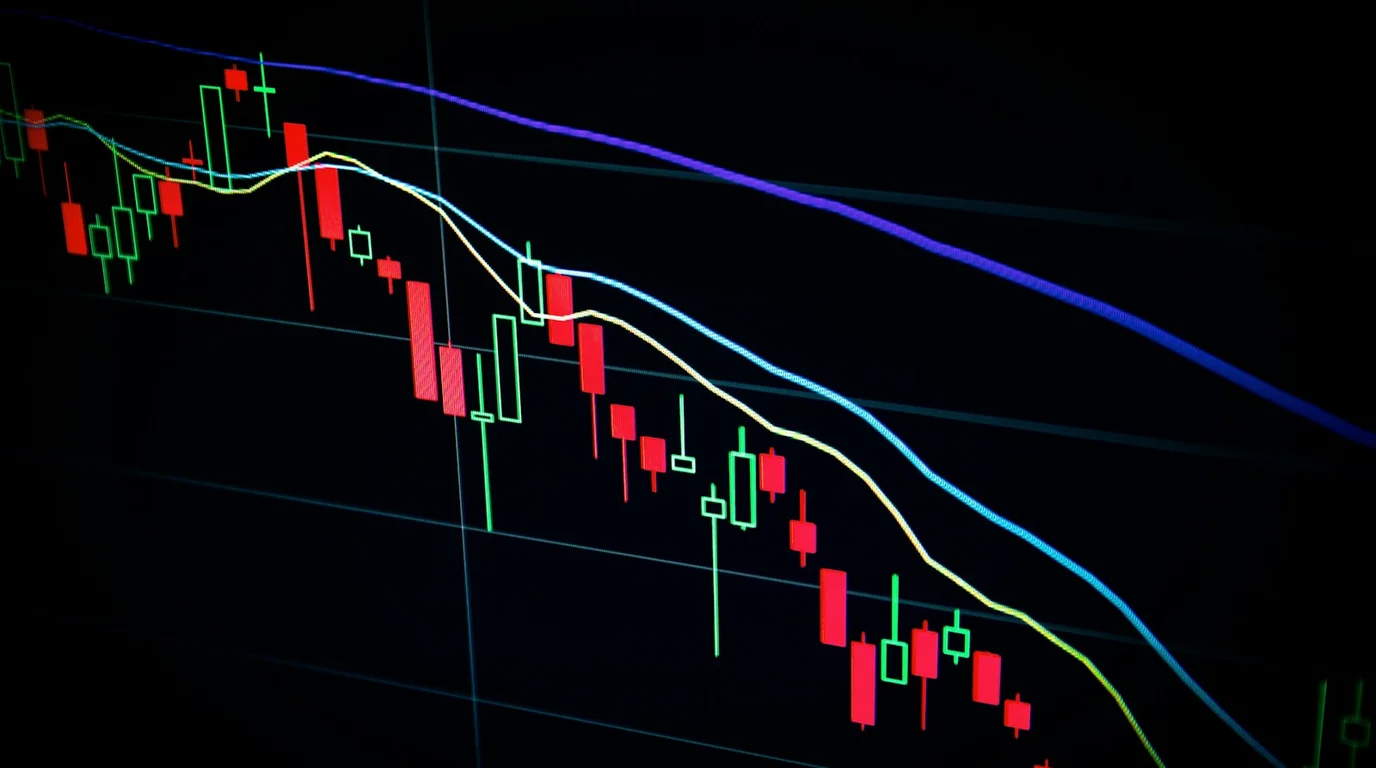 Technical candlestick price chart and algorithmic trading indicators displaying market trends and volatility