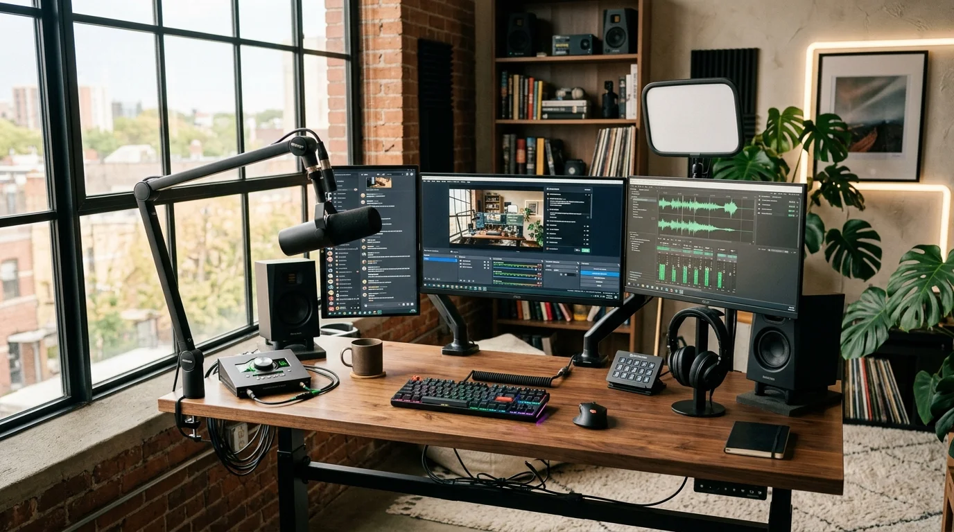 Professional livestreaming broadcast workstation with multi-monitor audio video mixing and audience analytics