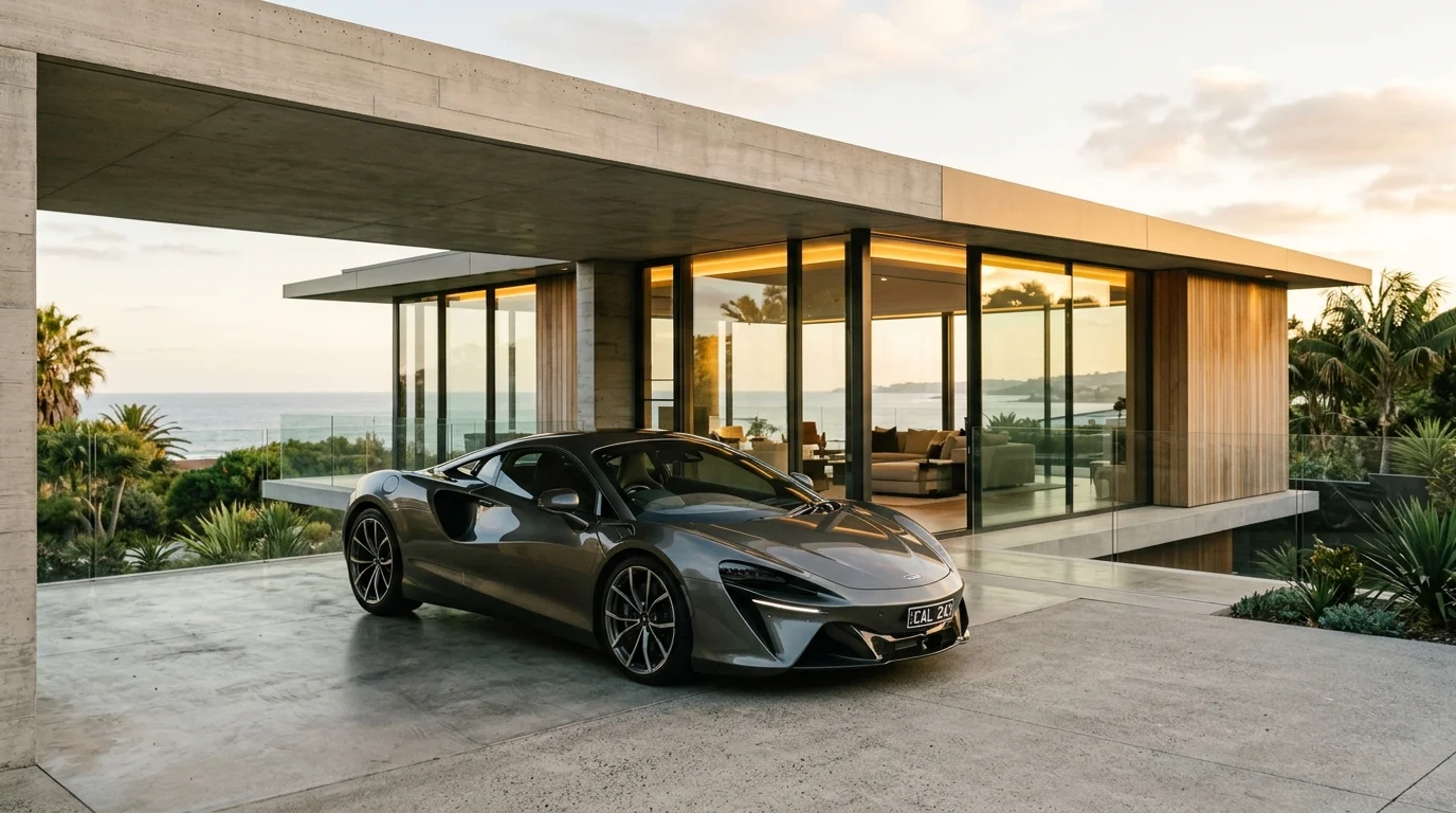 Modern exotic sports car parked at contemporary luxury residence representing celebrity asset valuation