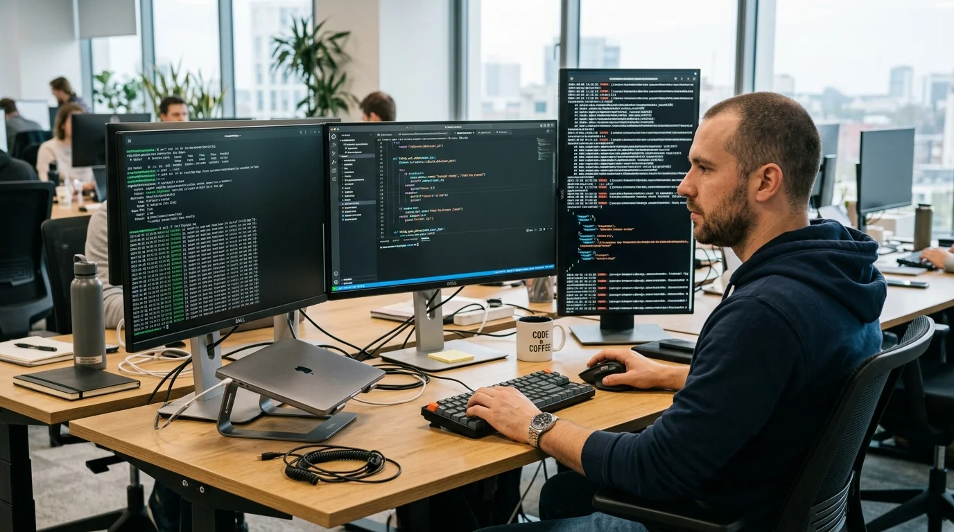 Software engineer following step-by-step technical guides and troubleshooting tutorials on multi-monitor workstation