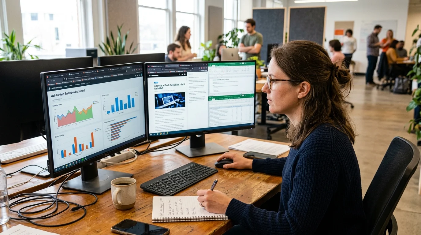 Digital media analyst conducting online credibility audit, domain verification, and fact-checking evaluation
