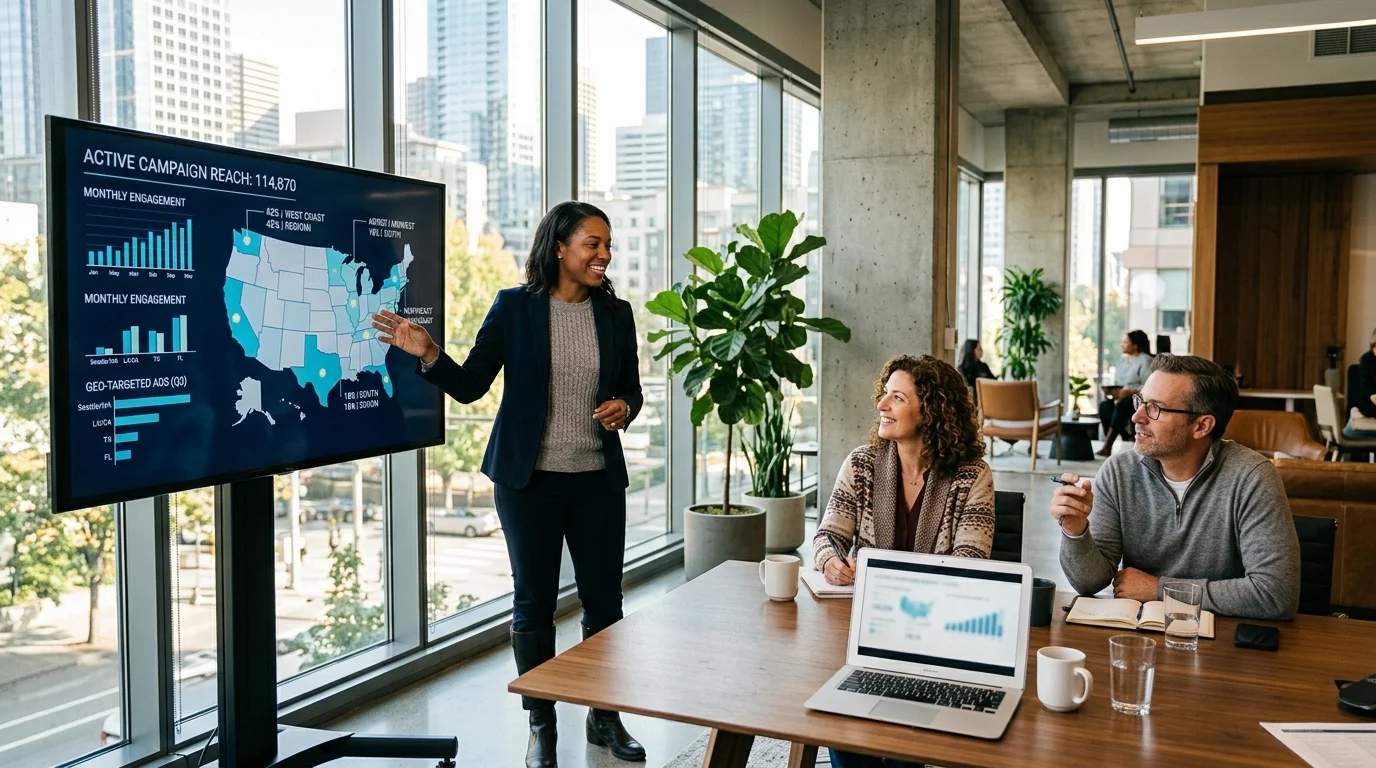 Marketing strategist team analyzing local SEO and national search ranking expansion roadmap on interactive boardroom display
