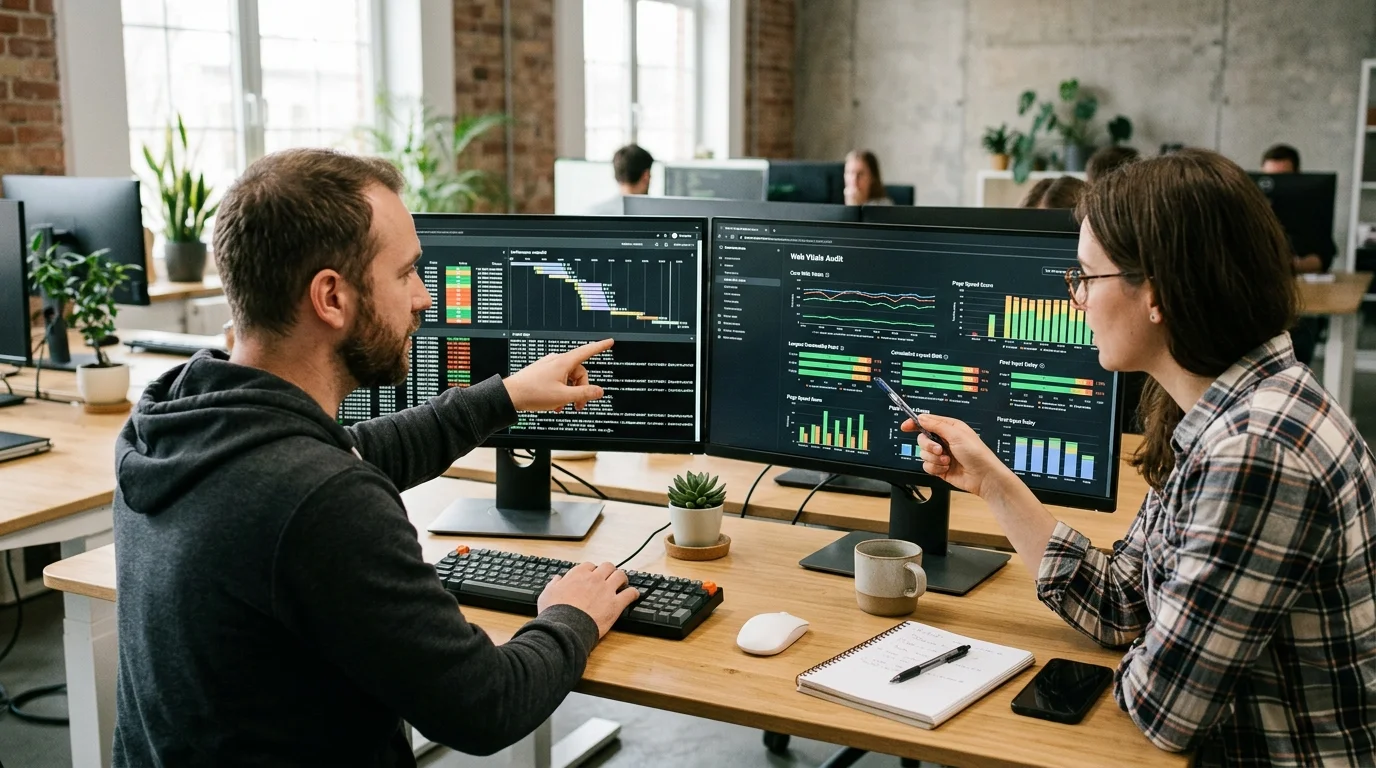Technical SEO audit workspace showing website performance metrics, Core Web Vitals, and search console crawling diagnostics