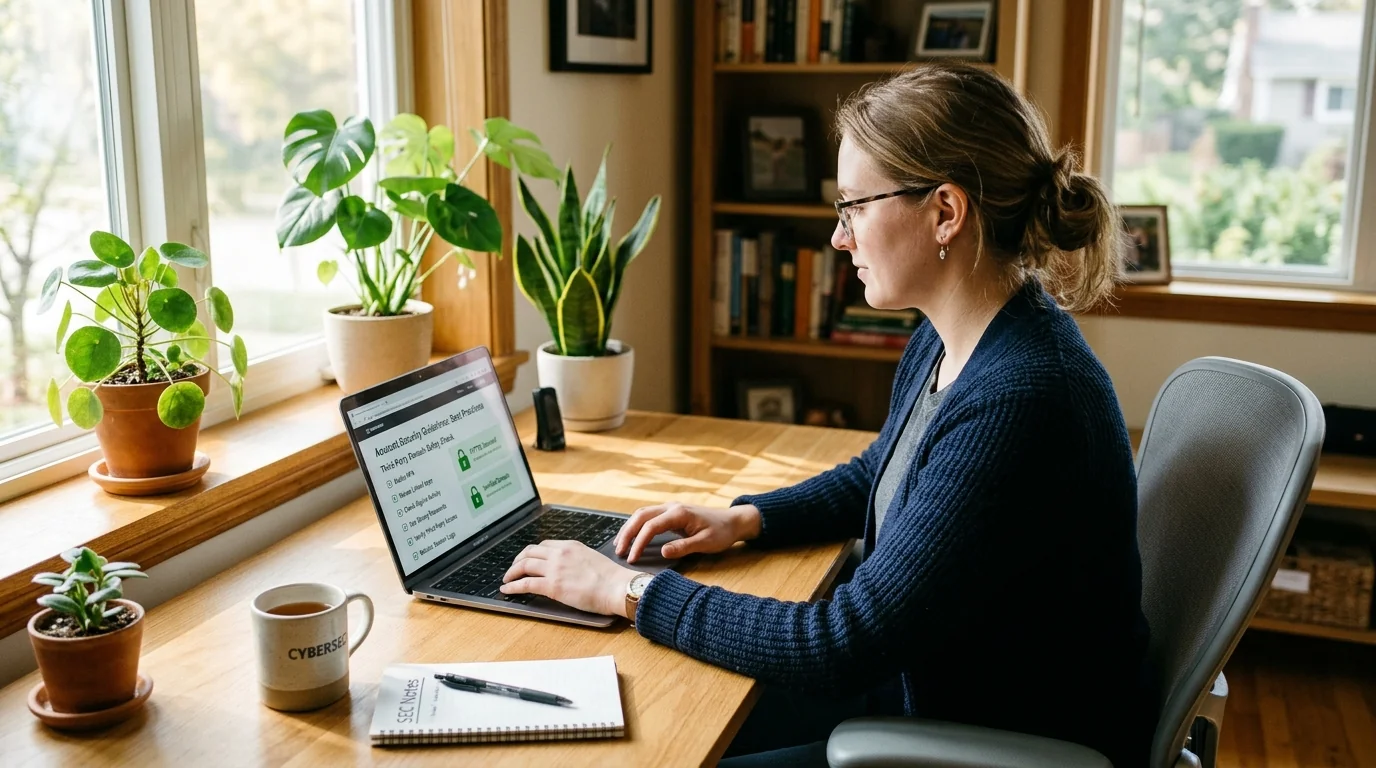 Tech professional reviewing digital privacy checklist and third-party domain security indicators on laptop