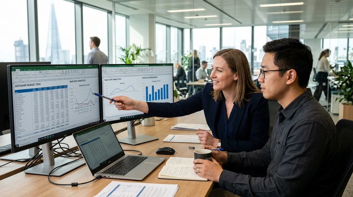 Corporate IT procurement team analyzing Test.com enterprise pricing breakdown and annual testing software budget spreadsheets