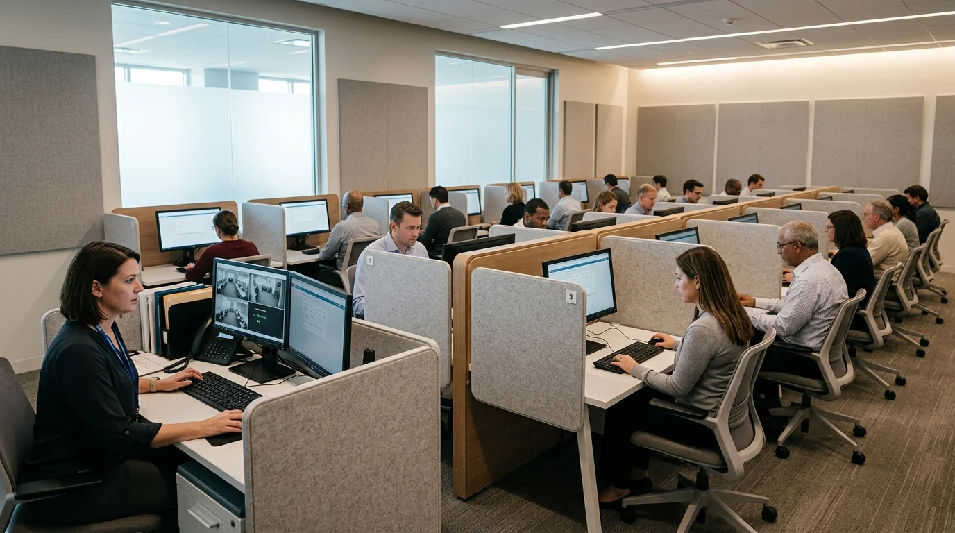 Modern corporate testing and certification facility with computer-based examination carrels and online proctoring management