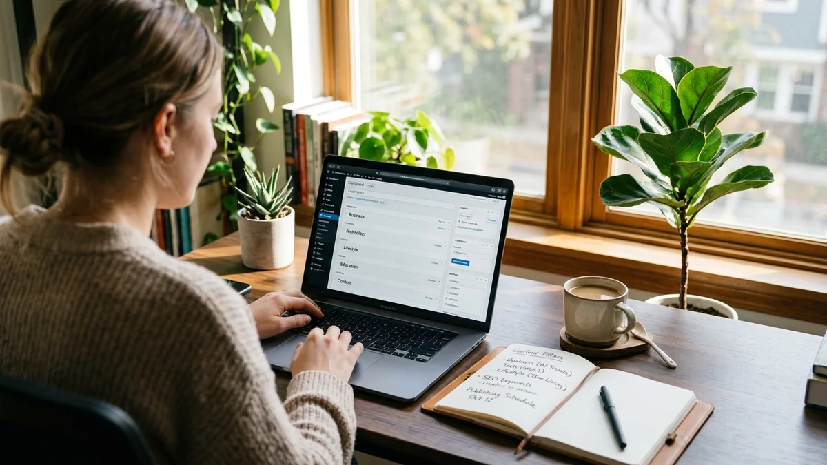 Troozer com digital publishing website workspace with laptop displaying multi-category articles and editorial notes