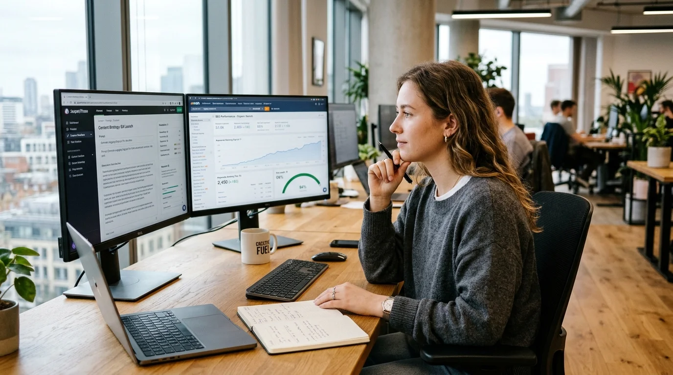 SEO specialist and digital marketer analyzing search optimization metrics and AI content workflow on dual screen workstation